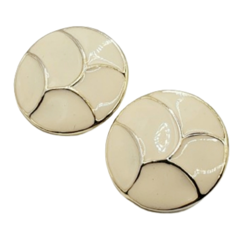 Cream Enamel and Gold Line Accent Stud Earrings